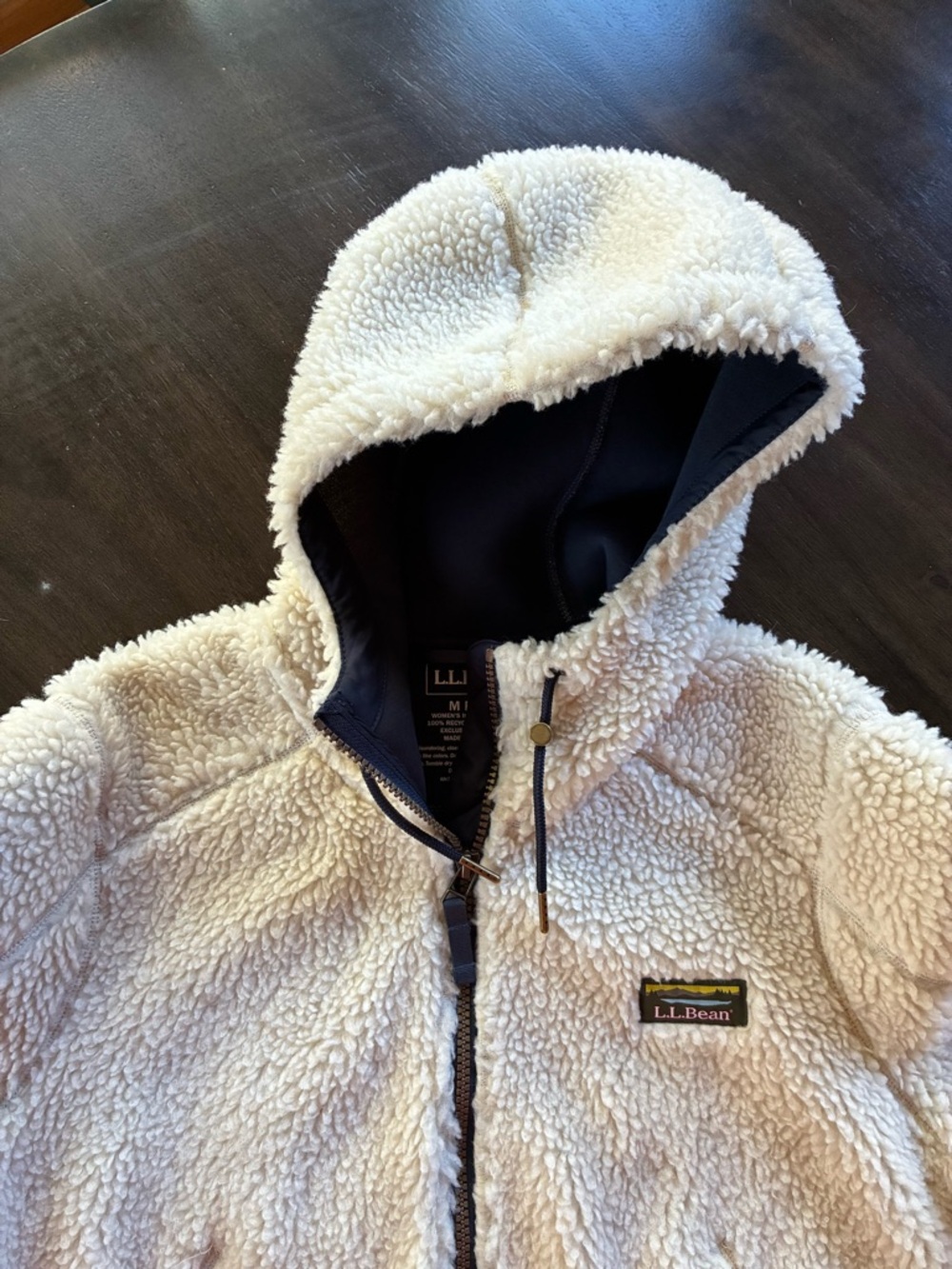 L.L. Bean Women's Cream Sherpa Fleece Hooded Long Coat - Picture 4 of 5